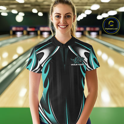 Custom Turquoise Blue Flame Bowling Team Jersey, Bowling League Women Quarter-Zip Shirt IPHW12136