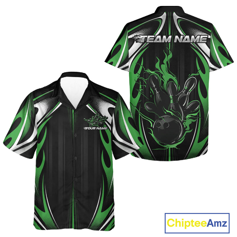 Custom Black And Green Flame Bowling Team Jersey, Bowling League Men And Women Button Up Shirt IPHW12137