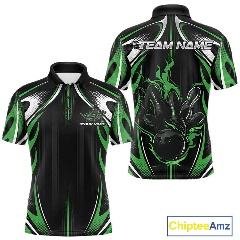 Custom Black And Green Flame Bowling Team Jersey, Bowling League Men Polo Shirt IPHW12137