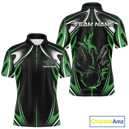 Custom Black And Green Flame Bowling Team Jersey, Bowling League Men Polo Shirt IPHW12137