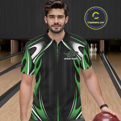 Custom Black And Green Flame Bowling Team Jersey, Bowling League Men Polo Shirt IPHW12137
