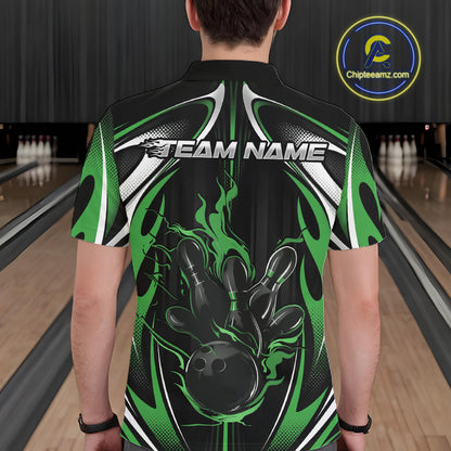 Custom Black And Green Flame Bowling Team Jersey, Bowling League Men Polo Shirt IPHW12137