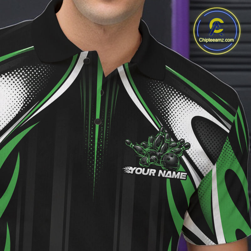 Custom Black And Green Flame Bowling Team Jersey, Bowling League Men Polo Shirt IPHW12137