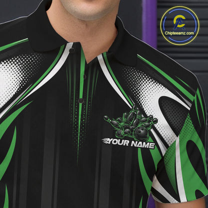 Custom Black And Green Flame Bowling Team Jersey, Bowling League Men Polo Shirt IPHW12137