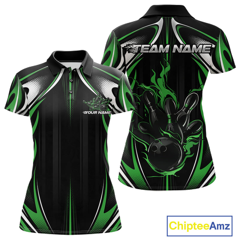 Custom Black And Green Flame Bowling Team Jersey, Bowling League Women Polo Shirt IPHW12137
