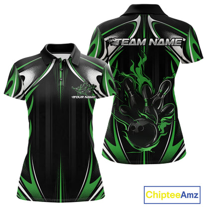 Custom Black And Green Flame Bowling Team Jersey, Bowling League Women Polo Shirt IPHW12137