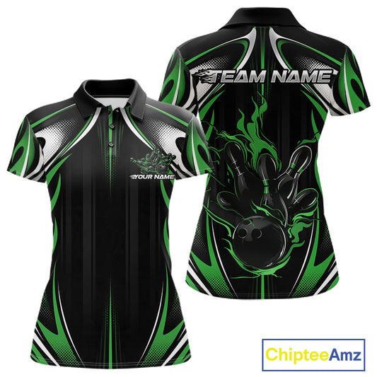 Custom Black And Green Flame Bowling Team Jersey, Bowling League Women Polo Shirt IPHW12137