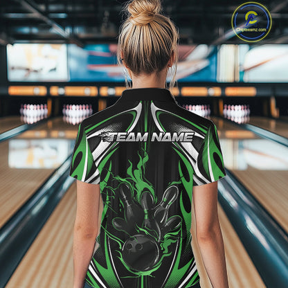Custom Black And Green Flame Bowling Team Jersey, Bowling League Women Polo Shirt IPHW12137
