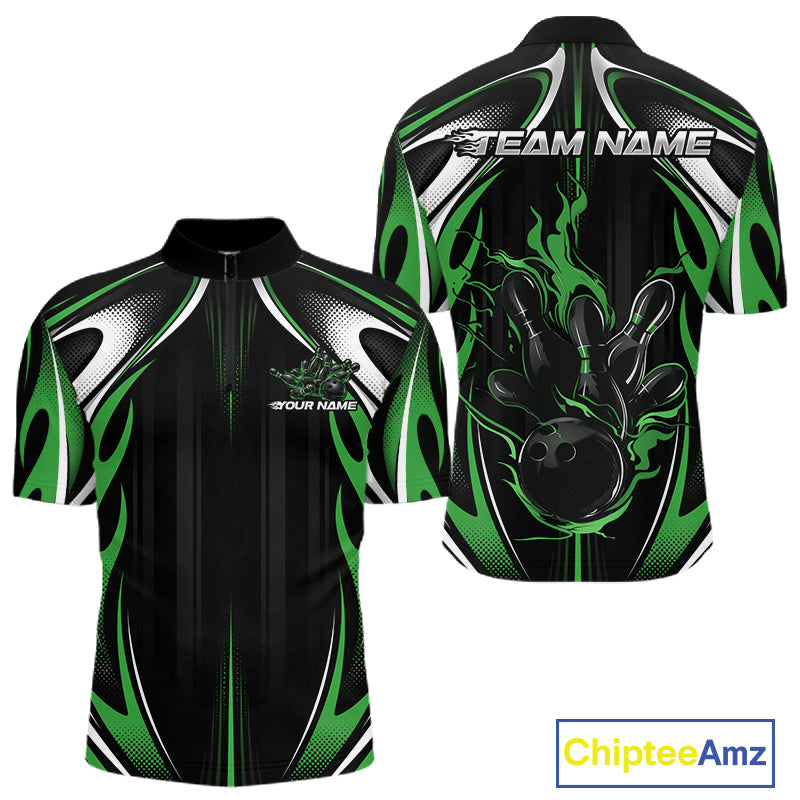 Custom Black And Green Flame Bowling Team Jersey, Bowling League Men Quarter Zip Shirt IPHW12137