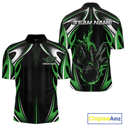 Custom Black And Green Flame Bowling Team Jersey, Bowling League Men Quarter Zip Shirt IPHW12137