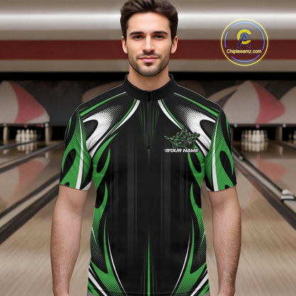 Custom Black And Green Flame Bowling Team Jersey, Bowling League Men Quarter Zip Shirt IPHW12137