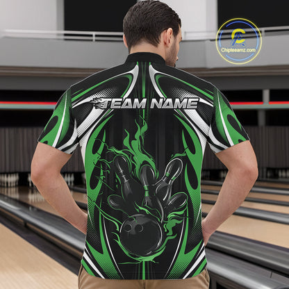 Custom Black And Green Flame Bowling Team Jersey, Bowling League Men Quarter Zip Shirt IPHW12137