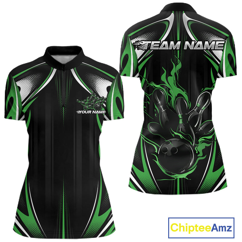 Custom Black And Green Flame Bowling Team Jersey, Bowling League Women Quarter-Zip Shirt IPHW12137