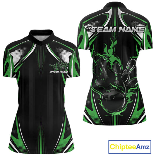 Custom Black And Green Flame Bowling Team Jersey, Bowling League Women Quarter-Zip Shirt IPHW12137