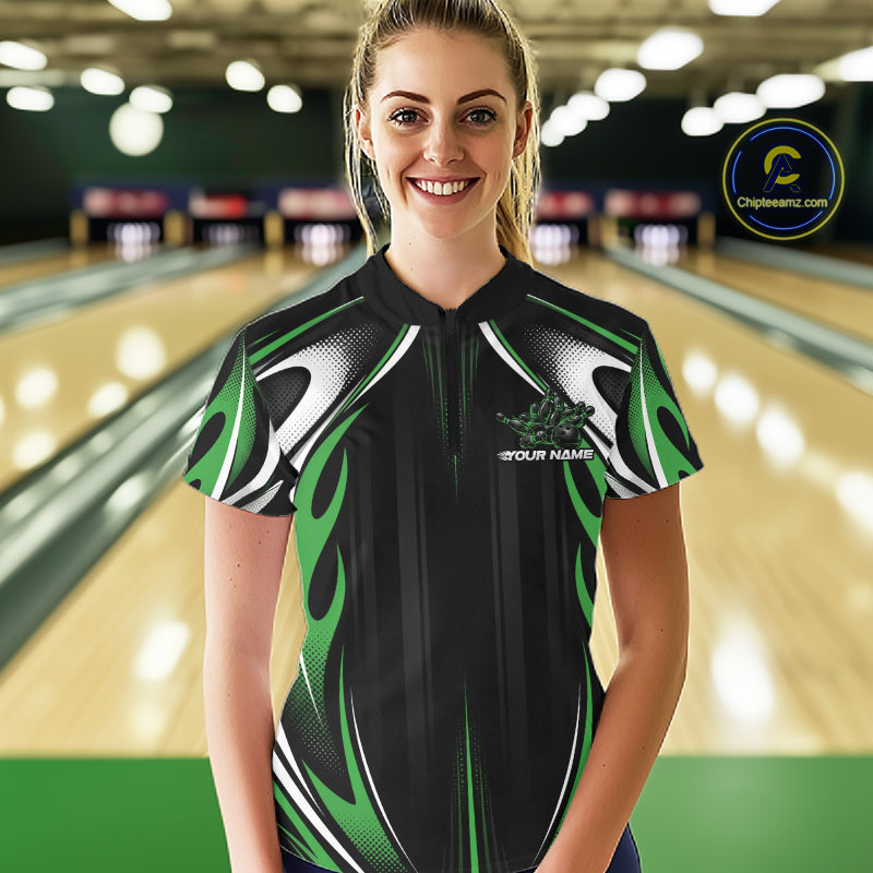 Custom Black And Green Flame Bowling Team Jersey, Bowling League Women Quarter-Zip Shirt IPHW12137