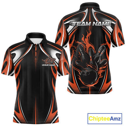 Custom Black And Orange Flame Bowling Team Jersey, Bowling League Men Polo Shirt IPHW12138