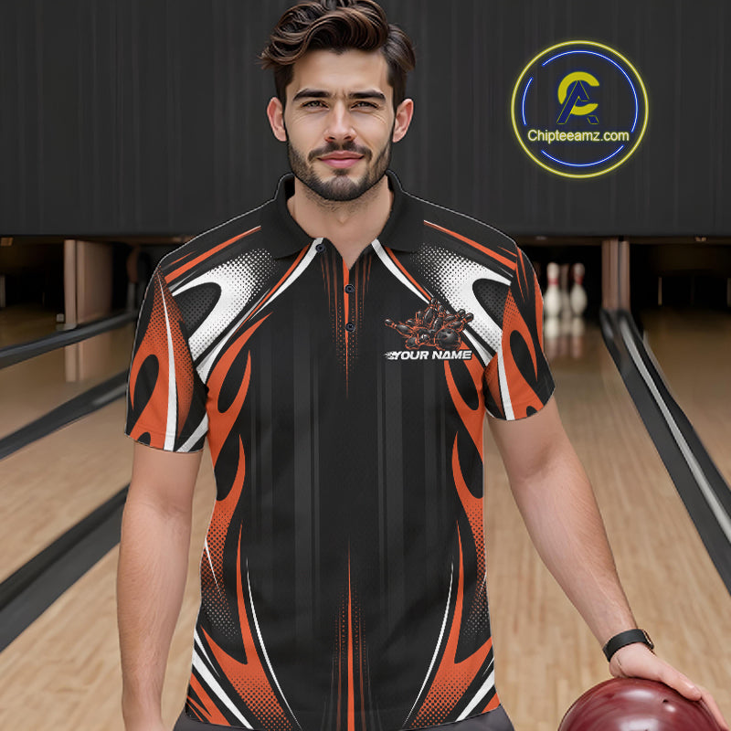 Custom Black And Orange Flame Bowling Team Jersey, Bowling League Men Polo Shirt IPHW12138
