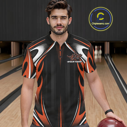 Custom Black And Orange Flame Bowling Team Jersey, Bowling League Men Polo Shirt IPHW12138