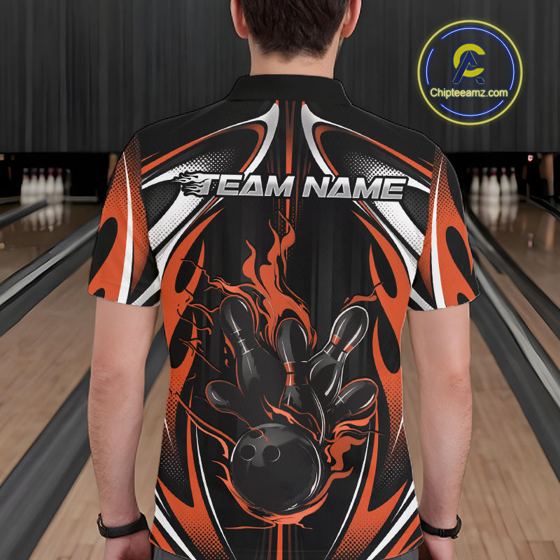 Custom Black And Orange Flame Bowling Team Jersey, Bowling League Men Polo Shirt IPHW12138