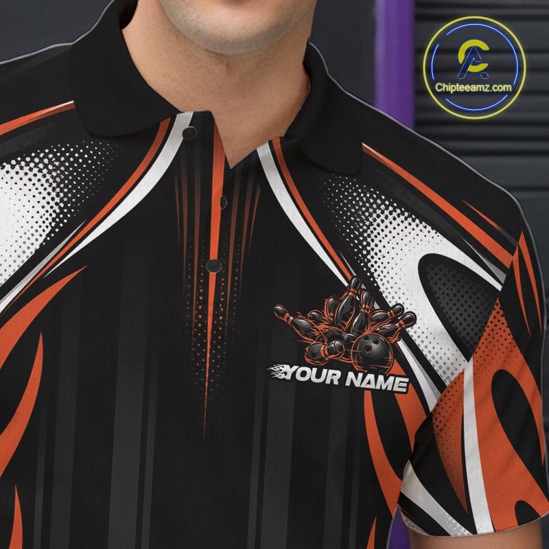 Custom Black And Orange Flame Bowling Team Jersey, Bowling League Men Polo Shirt IPHW12138