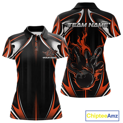 Custom Black And Orange Flame Bowling Team Jersey, Bowling League Women Polo Shirt IPHW12138