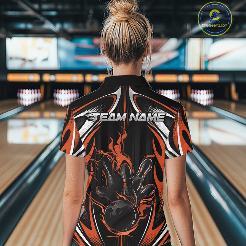 Custom Black And Orange Flame Bowling Team Jersey, Bowling League Women Polo Shirt IPHW12138