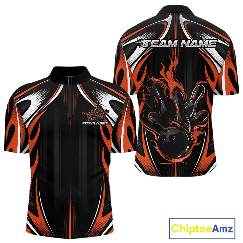 Custom Black And Orange Flame Bowling Team Jersey, Bowling League Men Quarter Zip Shirt IPHW12138