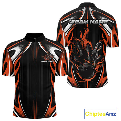 Custom Black And Orange Flame Bowling Team Jersey, Bowling League Men Quarter Zip Shirt IPHW12138