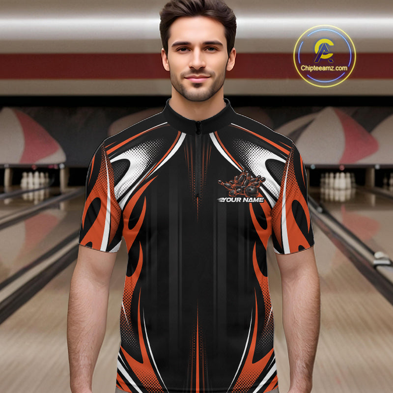 Custom Black And Orange Flame Bowling Team Jersey, Bowling League Men Quarter Zip Shirt IPHW12138