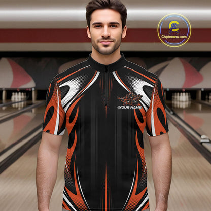 Custom Black And Orange Flame Bowling Team Jersey, Bowling League Men Quarter Zip Shirt IPHW12138