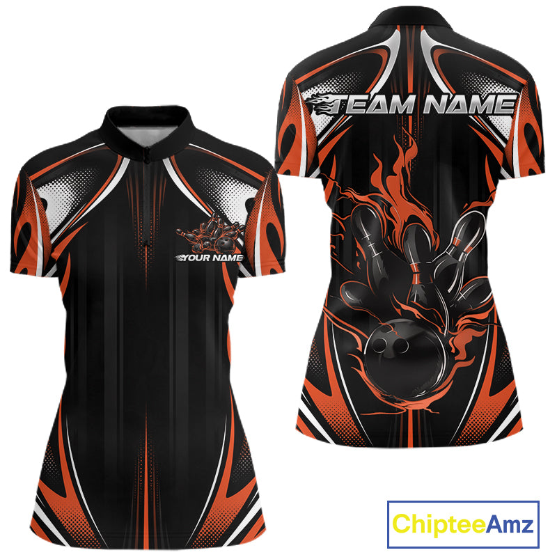Custom Orange Flame Bowling Team Jersey, Bowling League Women Quarter-Zip Shirt IPHW12138