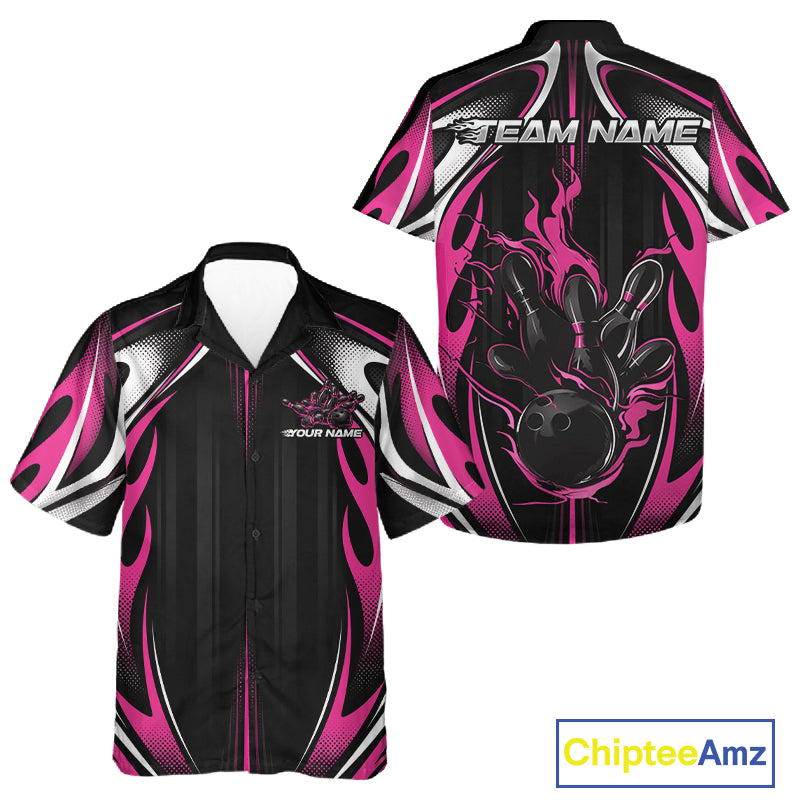 Custom Black And Pink Flame Bowling Team Jersey, Bowling League Men And Women Button Up Shirt IPHW12139
