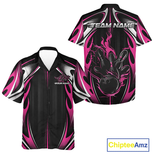 Custom Black And Pink Flame Bowling Team Jersey, Bowling League Men And Women Button Up Shirt IPHW12139