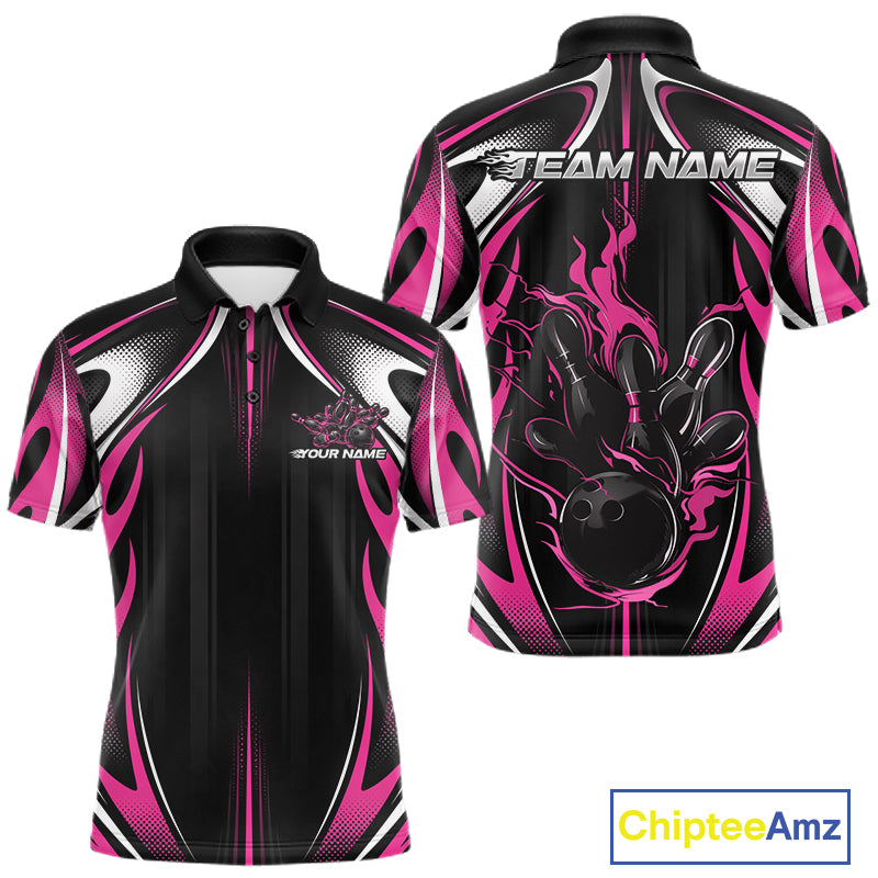 Custom Black And Pink Flame Bowling Team Jersey, Bowling League Men Polo Shirt IPHW12139