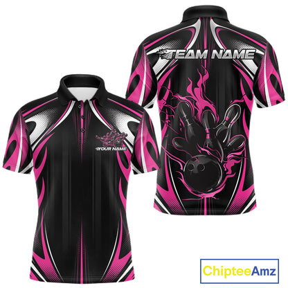 Custom Black And Pink Flame Bowling Team Jersey, Bowling League Men Polo Shirt IPHW12139