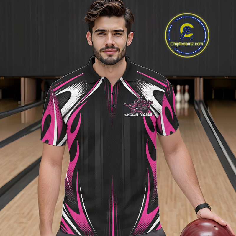 Custom Black And Pink Flame Bowling Team Jersey, Bowling League Men Polo Shirt IPHW12139