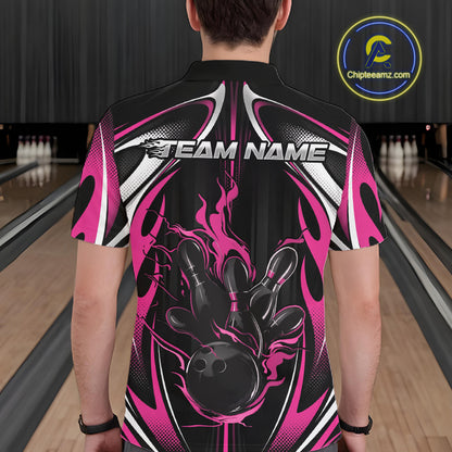Custom Black And Pink Flame Bowling Team Jersey, Bowling League Men Polo Shirt IPHW12139