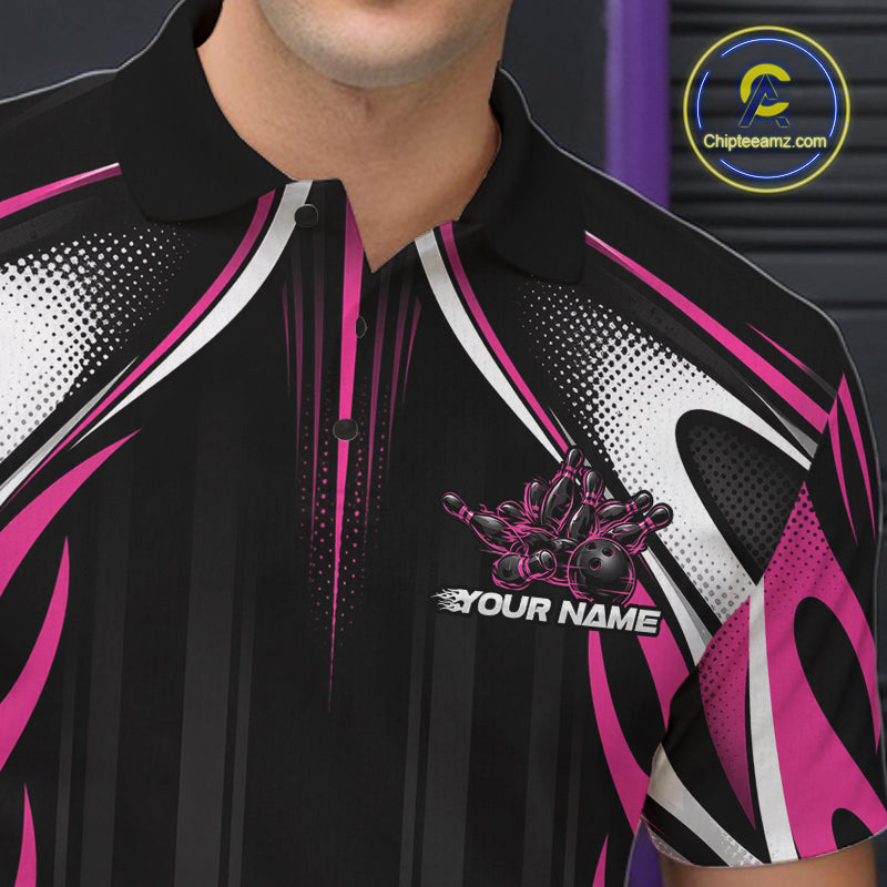 Custom Black And Pink Flame Bowling Team Jersey, Bowling League Men Polo Shirt IPHW12139