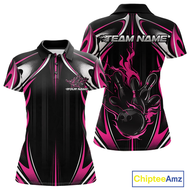 Custom Black And Pink Flame Bowling Team Jersey, Bowling League Women Polo Shirt IPHW12139