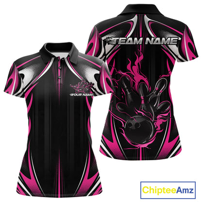 Custom Black And Pink Flame Bowling Team Jersey, Bowling League Women Polo Shirt IPHW12139