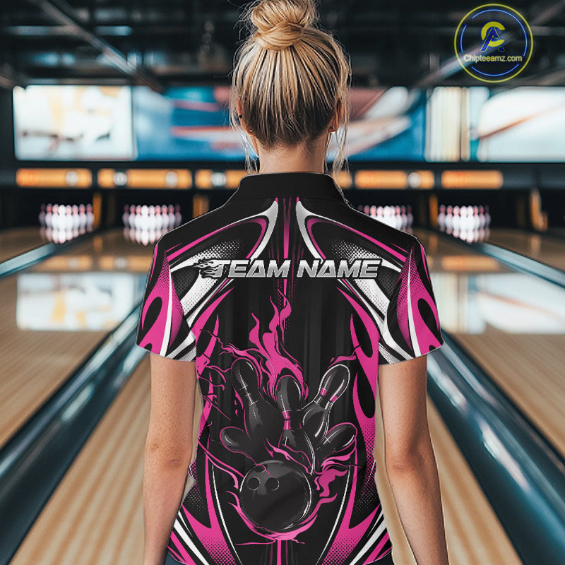 Custom Black And Pink Flame Bowling Team Jersey, Bowling League Women Polo Shirt IPHW12139