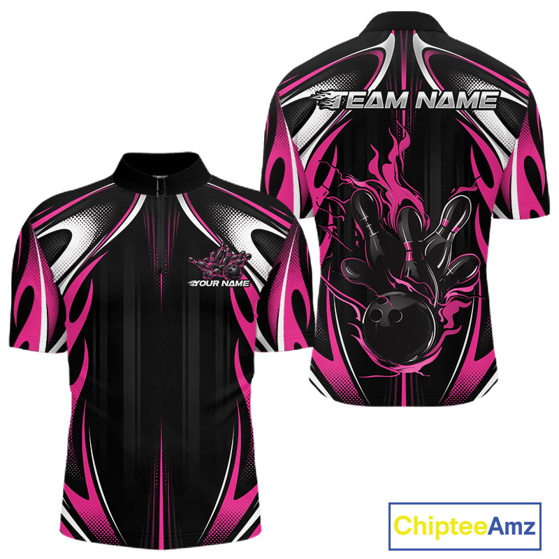 Custom Black And Pink Flame Bowling Team Jersey, Bowling League Men Quarter Zip Shirt IPHW12139