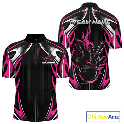 Custom Black And Pink Flame Bowling Team Jersey, Bowling League Men Quarter Zip Shirt IPHW12139