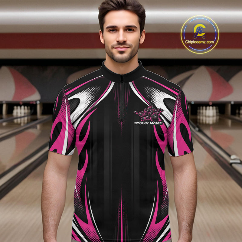 Custom Black And Pink Flame Bowling Team Jersey, Bowling League Men Quarter Zip Shirt IPHW12139