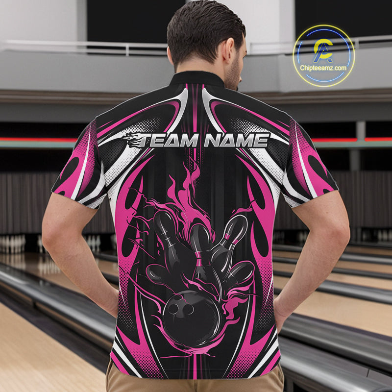 Custom Black And Pink Flame Bowling Team Jersey, Bowling League Men Quarter Zip Shirt IPHW12139