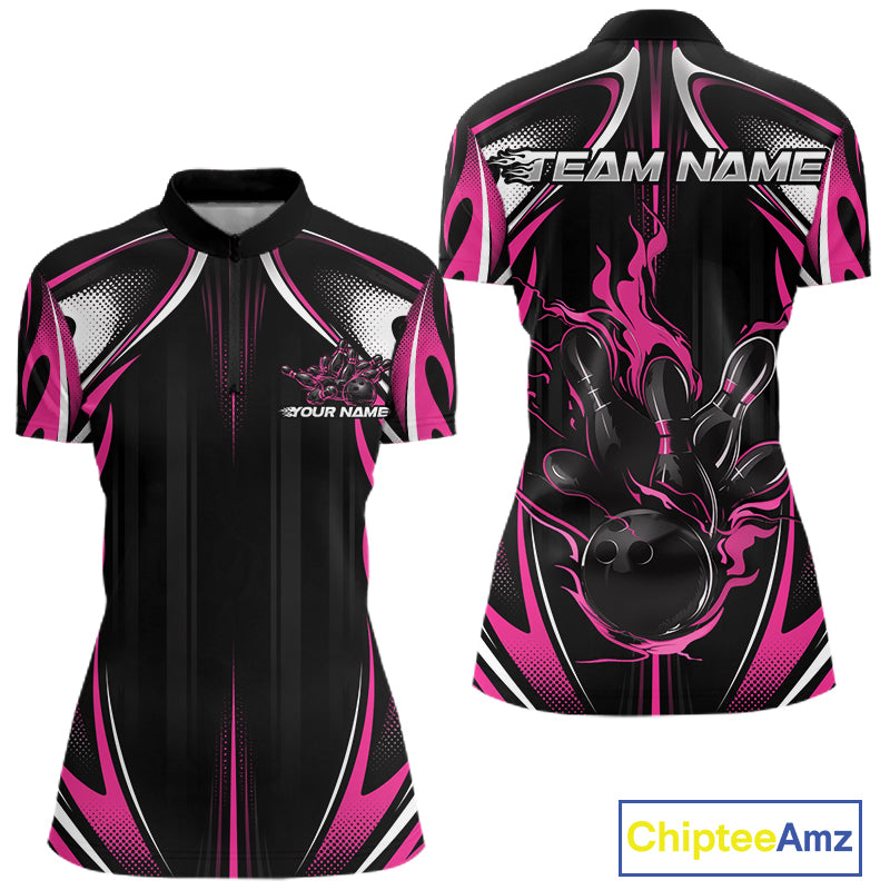 Custom Black And Pink Flame Bowling Team Jersey, Bowling League Women Quarter-Zip Shirt IPHW12139
