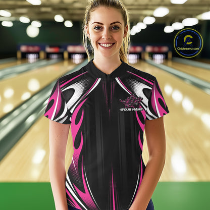 Custom Black And Pink Flame Bowling Team Jersey, Bowling League Women Quarter-Zip Shirt IPHW12139