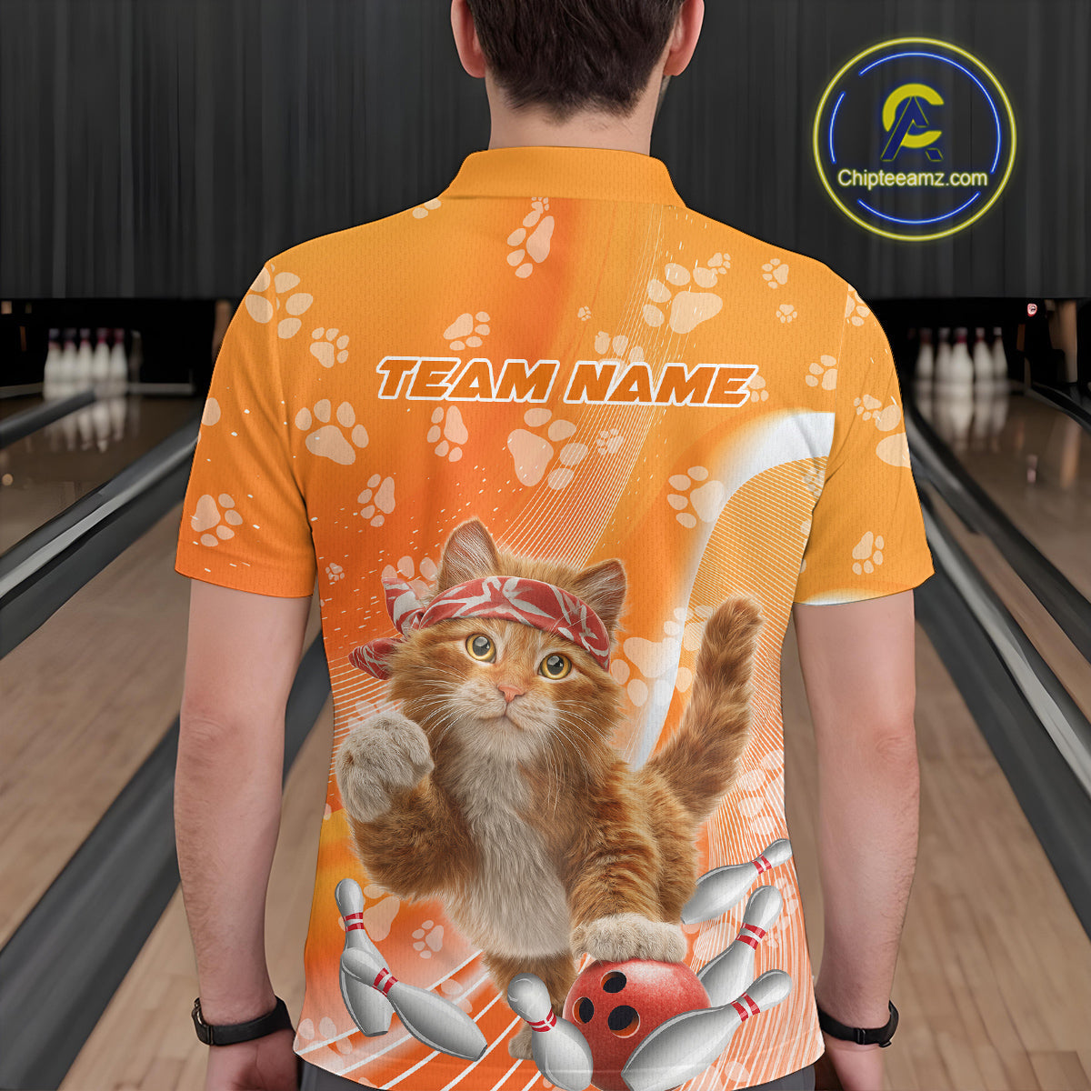 Custom Funny Orange Cat Bowling Men Polo Shirt, Cat Paw Team Bowling Shirt IPHW10103
