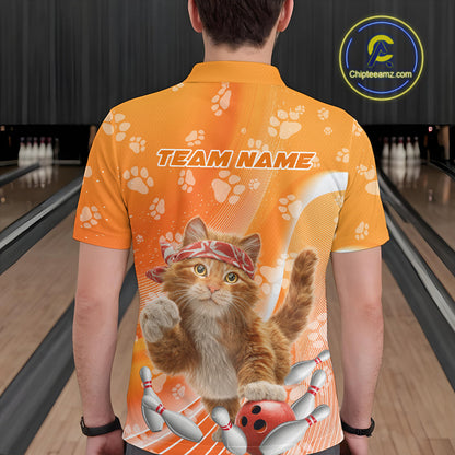 Custom Funny Orange Cat Bowling Men Polo Shirt, Cat Paw Team Bowling Shirt IPHW10103