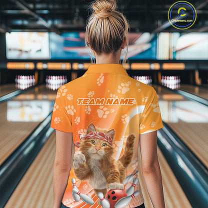 Custom Funny Orange Cat Bowling Women Polo Shirt, Cat Paw Team Bowling Shirt IPHW10103